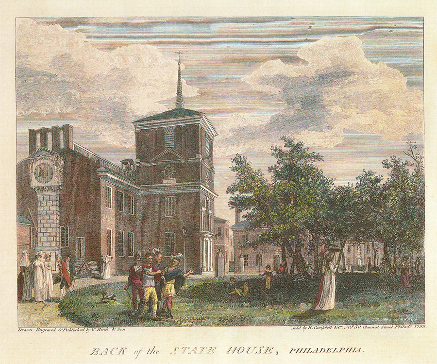 Birch's Views Plate 23 - Independence Hall in 1799, with the wooden steeple removed and Thomas Stretch's clock (far left).