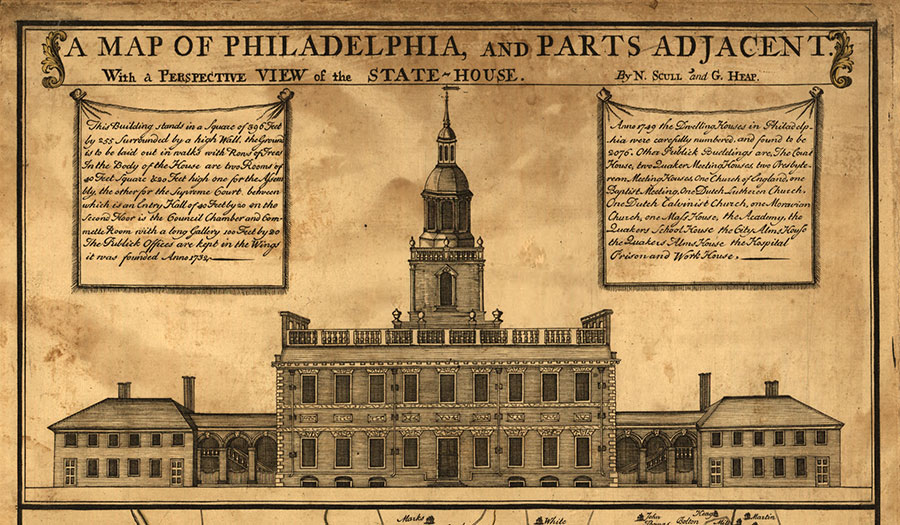 Detail of A Map of Philadelphia and Parts Adjacent, depicting the State House as it appeared in 1752. The image shows the original bell tower, which lacked a clock.